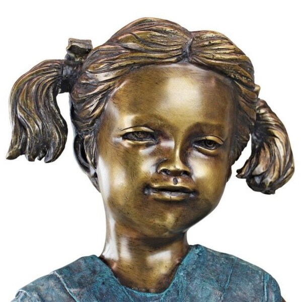 Close up of face Sitting Savannah Girl with Dog Cast Bronze Garden Statue